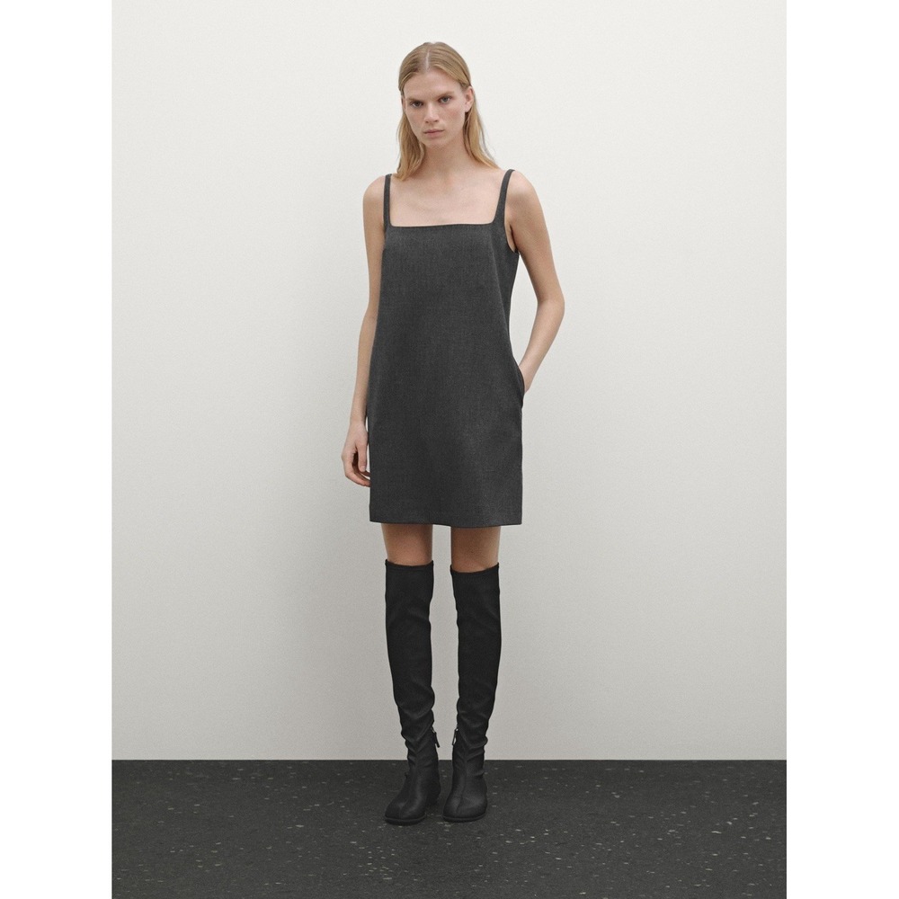 Massimo Dutti Womens Midi Dress XS Dark Grey Linen Short Dress A really, Pockets